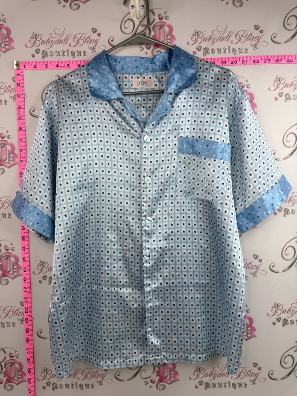 Leona T-shirt tee shiny vintage Light Blue Short-Sleeve Button Front Tee